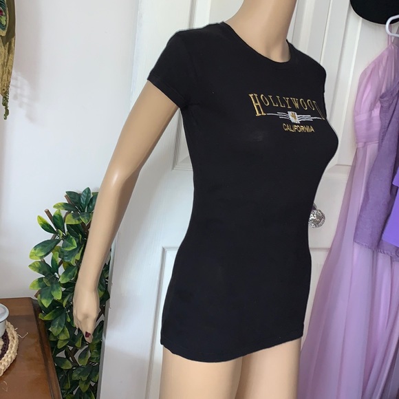 Hollywood California y2k Cap sleeve black skinny slim fitted T-shirt tunic top M - Picture 5 of 9